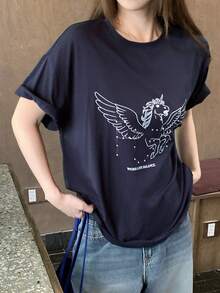 DAZY 女款夏季圓領短袖印花休閒基礎街頭風T恤 度假穿搭圖案上衣 高爾夫白色可愛上衣 - 藏蓝色 - 查看 5
