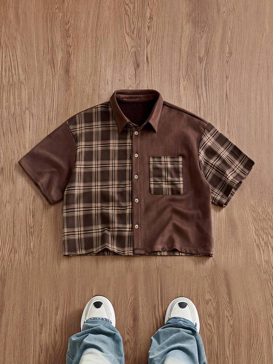 SWAVVY Kemeja Lengan Pendek Pria Bahan Suede Patchwork Kotak-kotak Tenun Campuran dengan Pewarna Benang - Coklat - View 1