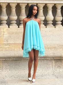 Mima John Women's Chiffon Layered Ruffle Sleeveless Mini Dress Party Elegant Summer - Blue - View 6