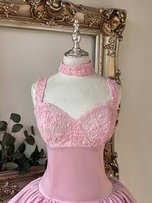 Lovelzi Elegant Romantic Fashion Sweet Pink Floral Bud Short Dress With Floral Lace Patchwork And Satin, Featuring Lace Collar, Suitable For Bachelorette Party, Wedding, Graduation, Homecoming And Other Formal Occasions - Pink - View 2