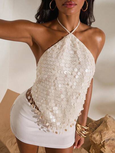 Opulessa Women's Sequin Halter Neck Sexy Versatile Date Night Out Top