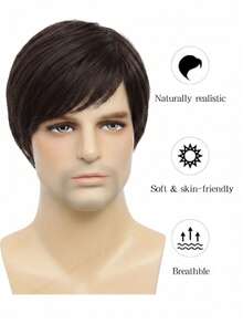 1pc6inch European & American Style Men's Fashion Short Brown Side-Parted Straight Synthetic Hair Wig - Multicolor - View 2