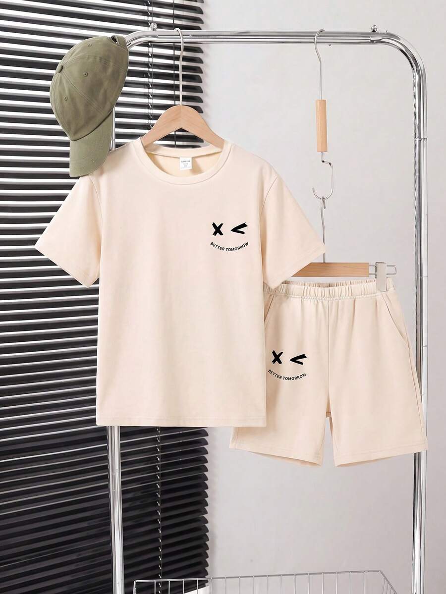 SHEIN Mirajuku 男童休闲笑脸印花圆领短袖两件套 蓝色 日常装 春夏 - 卡其色 - 查看 1