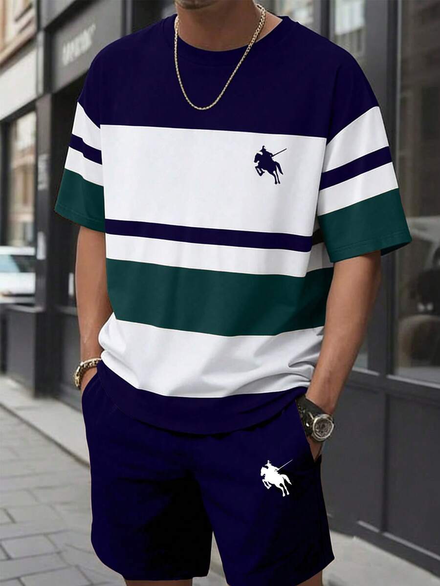 SHEIN 青少年男孩夏季涼爽時尚休閒戶外圓領短袖條紋印花T恤搭配簡約運動慢跑短褲2件組,夏季新款,適合多個季節 - 藏蓝色 - 查看 1