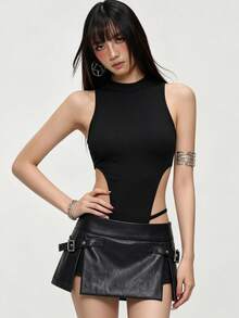 Rina Fox 女款無袖細肩帶性感連身衣，極簡性感風辣妹修身顯瘦外穿小眾吊帶背心上衣 - 黑色 - 查看 1