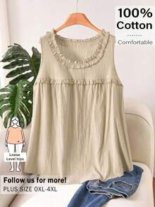 CosyJoli Plus Size Women's Solid Color Ruffle Trim Round Neck Casual Tank Top Holiday Beige Summer - Apricot - View 2