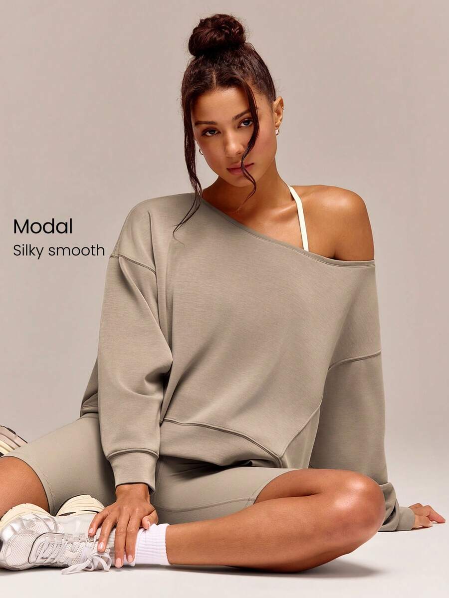 GLOWMODE Modal Soft Oversized Off-Shoulder Sweatshirt Daily Casual Spring Summer - Khaki - View 1