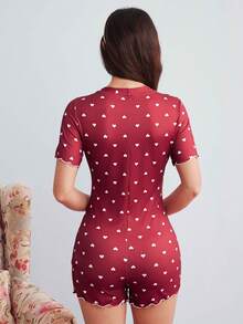 Elorette Heart Print Lettuce Trim Romper - Red - View 6