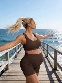 SHEIN Maternity Solid Color Top And Adjustable Shorts Casual Daily Sports Set - Coffee Brown - View 4