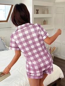 Napfluff Plaid Print Lapel Pajama Top And Pants 2 Pieces Set - Dusty Pink - View 2