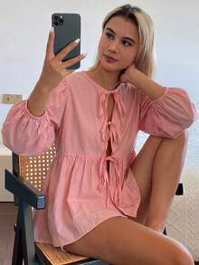DAZY 女款圓領蝴蝶結寬鬆版型襯衫 - 粉色 - 查看 4