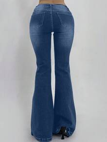 DAZY Distressed Wash Slim Fit Flare Leg Jeans With Pockets For Women Back-To-School Everyday Graduation Blue Summer 2000s Casual - Medium Wash - View 2