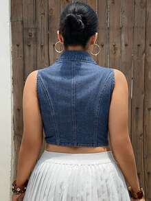 Dazy Plus Plus Size Denim Washed Cropped Sleeveless Vest Top Blogger Style For Spring Summer Holiday Navy Blue - Medium Wash - View 2