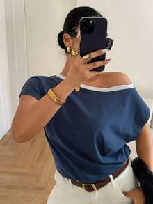 Dazy Plus Camiseta de manga corta con hombros descubiertos y fruncido en color block para mujer talla grande, azul, primavera/verano - Azul - Ver 2