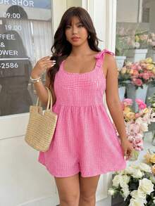 GalTyme Women's Plus Size Plaid Shoulder Bow Decor Short Jumpsuit - Hot Pink - View 6