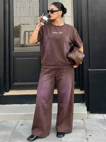 Dazy Plus Plus Size Women 2-Piece Set, Letter Embroidery Washed Dark Blue Loose Long Sleeve Top And Pants, Suitable For Spring And Autumn Summer - Brown - View 5