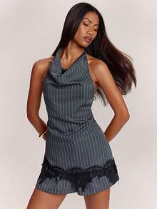 SHEIN BAE 2件/組條紋短版掛脖露背上衣與短褲套裝，黑色蕾絲飾邊女款兩件套，適合通勤、辦公室穿著、休閒出遊 - 灰色 - 查看 6