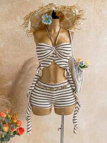Soleia New Vacation Blue & White Striped Camisole Top And Mini Skirt Set, Summer, Spring, Vacation, Beach, Outing, Striped Two Pieces Set, Women's Vacation Two Pieces Set, Summer Two Pieces Set, Red & White Swimsuit, Swimwear Two Pieces Set, Party Outfit, Ruffle - Coffee Brown - View 9