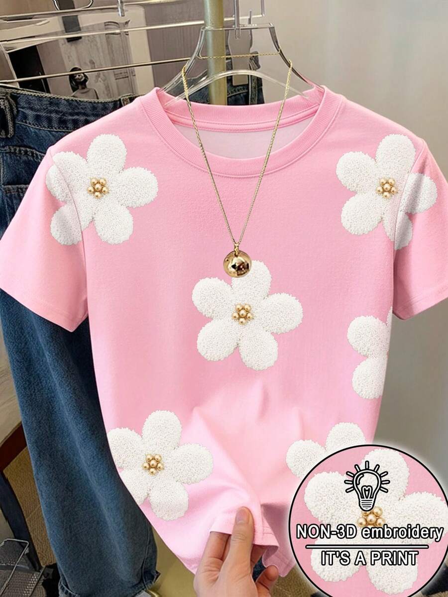SHEIN 女士全幅印花休闲T恤，可爱花朵图案，Y2K街头风，返校季T恤，度假休闲印花T恤 - 彩色 - 查看 1