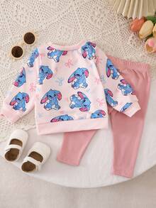 SHEIN Playful Pals 嬰幼兒休閒日常可愛運動衫套裝，附3D鉤花粉色花卉印花透明俏皮上衣與針織內搭褲，女嬰秋季款 - 粉色 - 查看 2