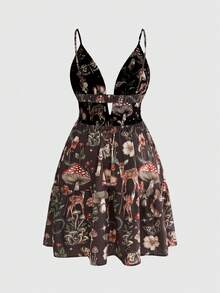 ROMWE Hippie Plus Size Women's Mori Style All-Over Print Deer And Mushroom Pattern Dress - Black - View 2