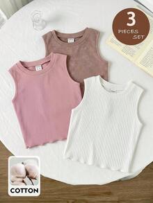 SHEIN Young Girl Knit Solid Color Round Neck Casual Tank Top 3pcs Set - Multicolor - View 8