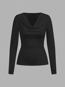 SHEIN EZwear 秋季新款不對稱領口不對稱領性感女款T恤上衣，適合日常通勤、聚會、秋冬夏季、聖誕節、新年、感恩節、派對、婚禮、海灘、畢業典禮、時尚優雅、約會、通勤、情人節、度假、Y2K、外出、畢業典禮及其他場合 - 彩色 - 查看 6