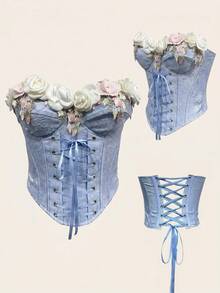 Glamine Charm Women's 3D Flower Decor Lace-Up Design Bandeau Top - Blue - View 8