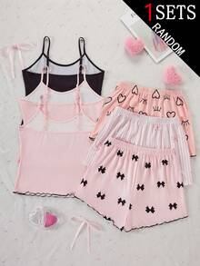 1 Set Girls' Teenager Loungewear Set Blind Box Style 3-In-1, Includes 3 Different Styles Of Camisole And Shorts Sets: Black Base Text Style, Pink & Black Heart Eyelash Style, Black & Pink Bow Style, Pink & White Striped Bow Style, Main Colors Black & Pink, Sweet & Cool Girl Style, Soft Skin-Friendly Knit Fabric, Soft Stretch Knit Fabric, Machine Washable, Comfortable Fit (1 Set Is Randomly Selected Out Of 3 Styles) - Multicolor - View 2