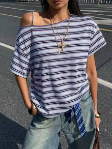 Coolane Women's Striped Asymmetrical Shoulder Short Sleeve Casual Loose Versatile T-Shirt - Baby Blue - View 2