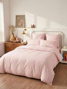 Cirelle 3pcs Pink Checkered Quilt Cover Set – Jacquard Textured Super Soft Polyester Bedding, Breathable & Machine Washable (1 Cover + 2 Pillowcases, No Insert), For Double/Queen/King Bed, Student Dorm & Home - Pink - View 1