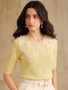 Anewsta Summer Casual Pale Yellow Textured Floral Decor Knit T-Shirt, Versatile Elegant Garden Party - Pale Yellow - View 7