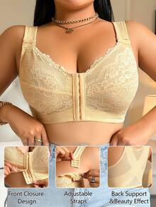 DesireSculpt 1pc Plus Size Front Closure Lace Patchwork Lingerie - Apricot - View 1