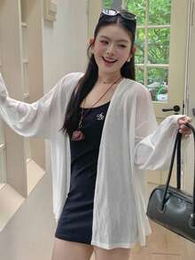 Dazy Plus Solid Color Loose Long Sleeve White Cover Up Open Front Plus Size Women Spring Summer Autumn Thin Jacket - White - View 2