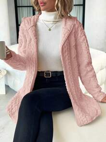 SHEIN Clasi Women's Long Sleeve Zip-Up Hooded Textured Fleece Jacket In Fall/Winter - Dusty Pink - View 6