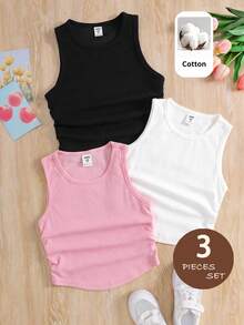 SHEIN Young Girl Knit Solid Color Round Neck Ruched Casual Tank Top 3pcs Set - Multicolor - View 1