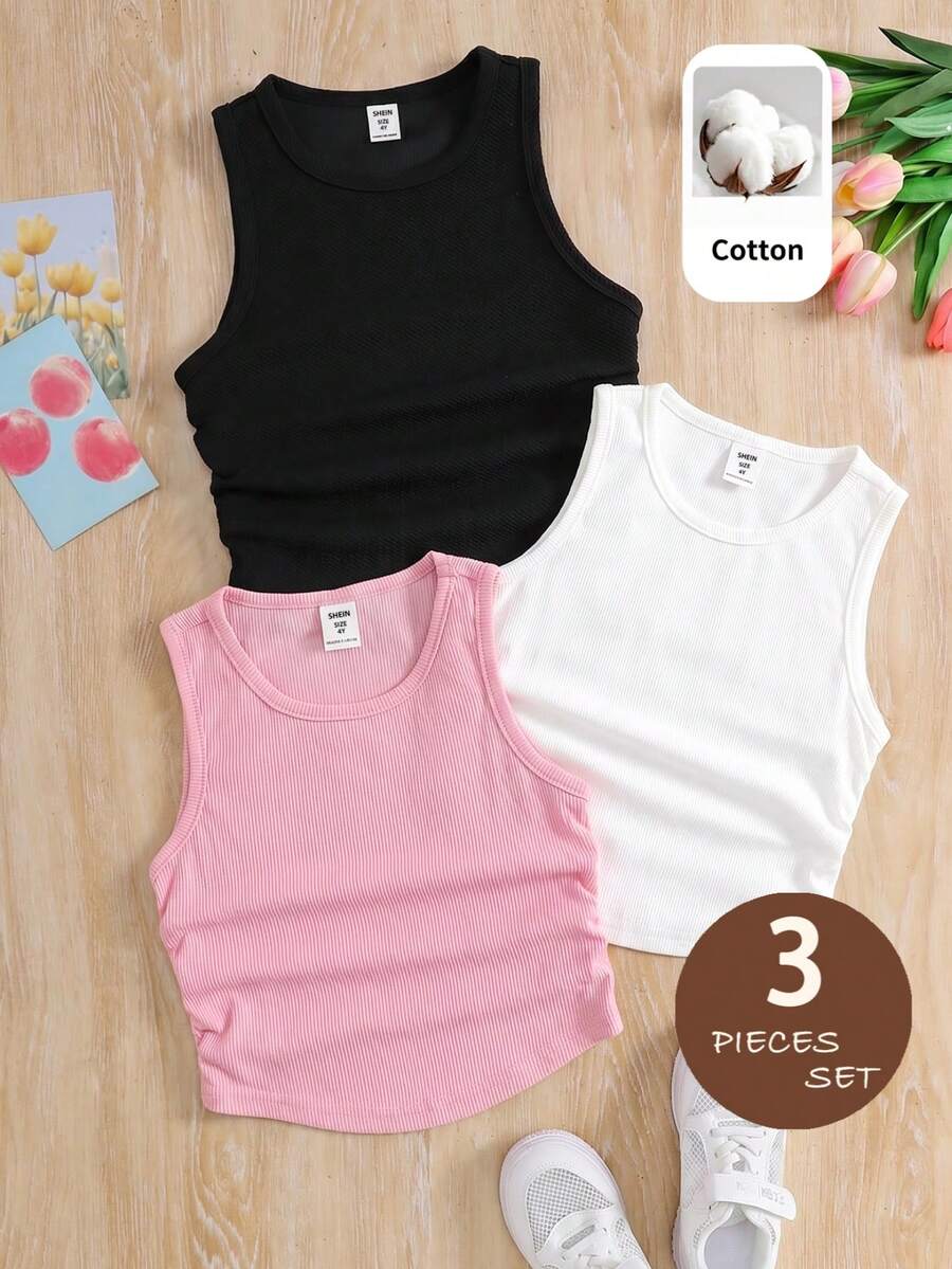 SHEIN Young Girl Knit Solid Color Round Neck Ruched Casual Tank Top 3pcs Set - Multicolor - View 1
