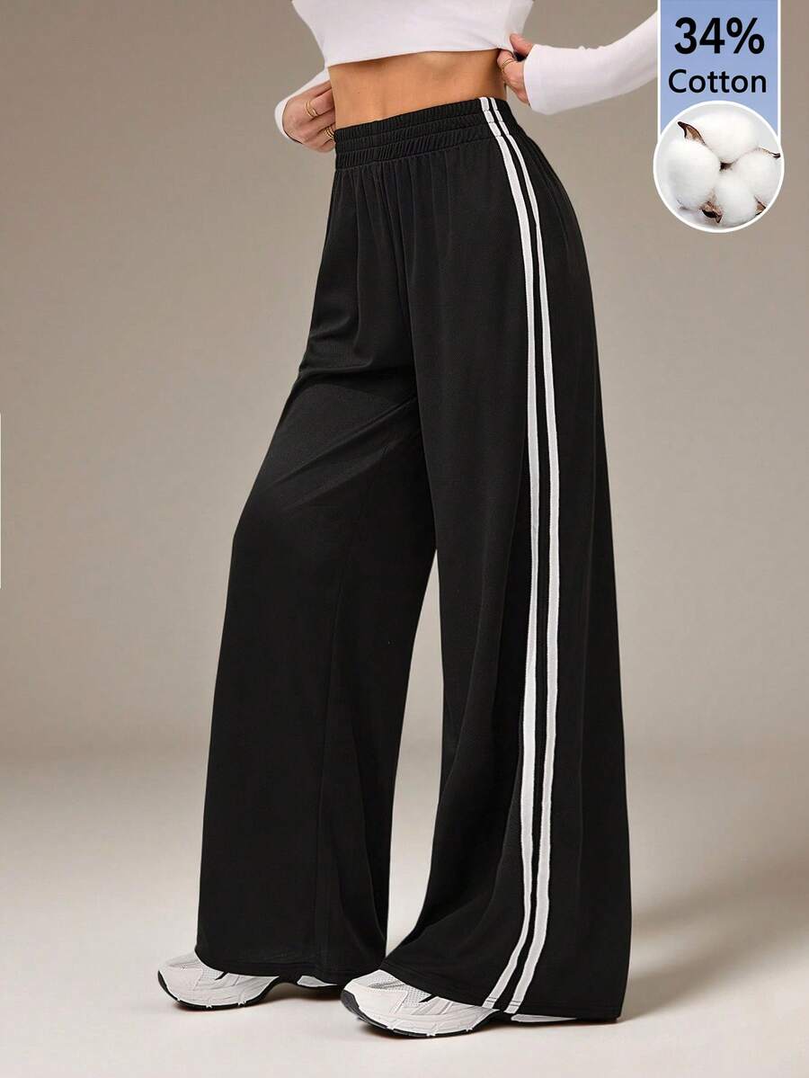 SHEIN Tall 休閒側條紋長褲 簡約時尚 日常休閒 棉混紡 高個女性適用 - 黑色 - 查看 1