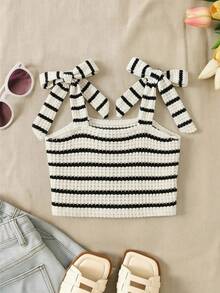 SHEIN [Random 6 Piece, Send 1 Piece]!Surprise Box !!!!Young Girl Solid Color Striped Floral Ruched Casual Tank Top - Black and White - View 2