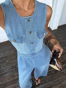 Rivivi Women's Round Neck Button Pocket Casual Daily Travel Denim Jumpsuit - Medium Wash - View 4