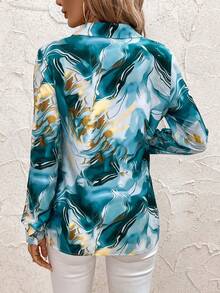 SHEIN Clasi Marble Print Button Front Long Sleeve Shirt,Long Sleeve Tops - Teal Blue - View 2