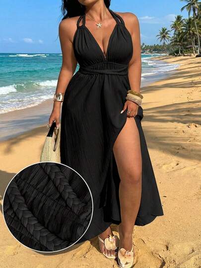 Sunnyshic Plus Size Spaghetti Strap Sleeveless V-Neck Braided Rope Tie Front Slit Elegant Vintage Beach Vacation Casual Party Gathering Dress