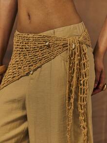 MUSERA Crochet Knit Beaded Sarong
Vintage Vacation Style Mesh Triangle Towel, Decorative Fringed Headband, Styling Accessories - Khaki - View 3