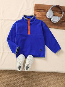 Genkimix Kids Little Boy's Light Green Textured Stand Collar Sweatshirt, Long Sleeve Half-Button Front, Playful Design - Navy Blue - View 1