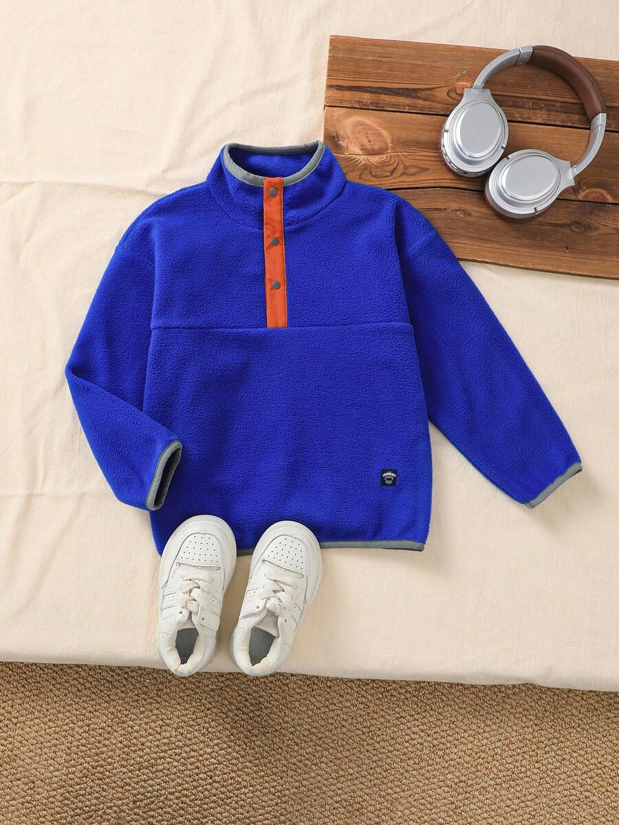 Genkimix Kids Little Boy's Light Green Textured Stand Collar Sweatshirt, Long Sleeve Half-Button Front, Playful Design - Navy Blue - View 1