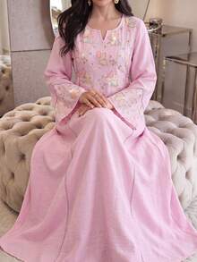 Al Najma Vestido de estilo árabe con bajo acampanado bordado y con cuentas de colores, cuello redondo y mangas de campana - Rosa - Ver 12