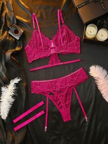 Seduluxe Classic Sexy Lace Lingerie Set 3pcs - Hot Pink - View 2