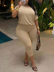 Slaydiva Spring/Summer Style School Sports Beach Casual Khaki One-Shoulder Loose Short-Sleeved T-Shirt Paired With Cycling Capri Pants Plus Size Women's Set - Khaki - View 5