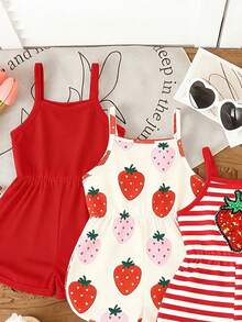 SHEIN Playful Pals 3pcs/Set Baby Girl Summer New Soft Fabric Strawberry Print Spaghetti Strap Round Neck Casual Romper Shorts, Cute Casual Daily Wear - Multicolor - View 5