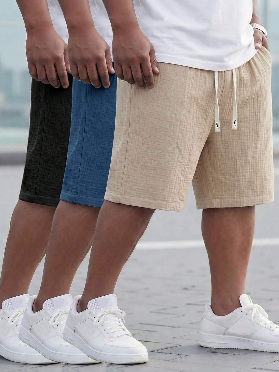 ResortEase 3pcs Plus Size Men's Comfortable Solid Color Drawstring Waist 100% Cotton Shorts, Summer Linen - Black - View 1